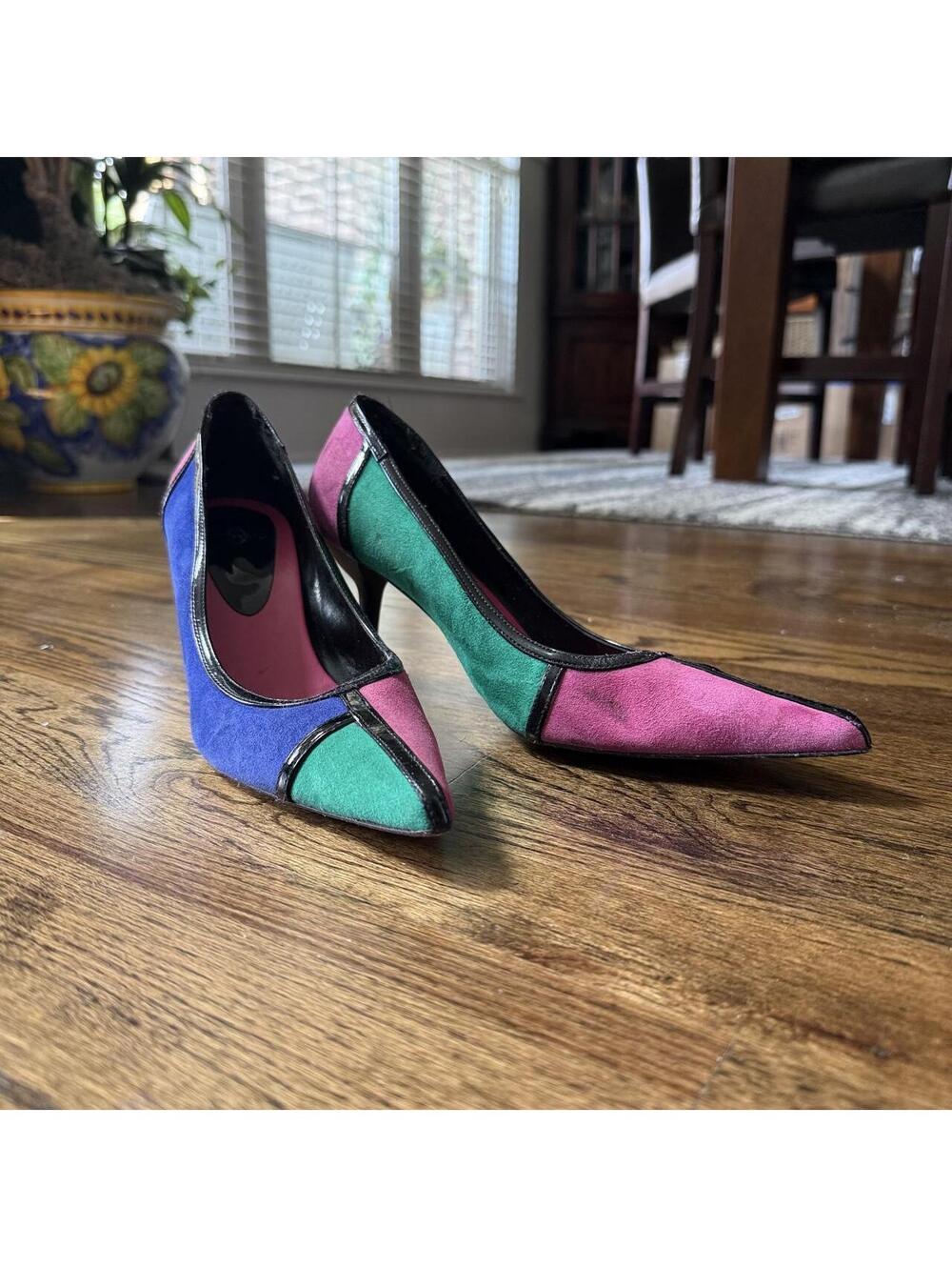 💖 Vintage Joey O Colorblock Suede Pointed Toe Heels – Size 9.5B
